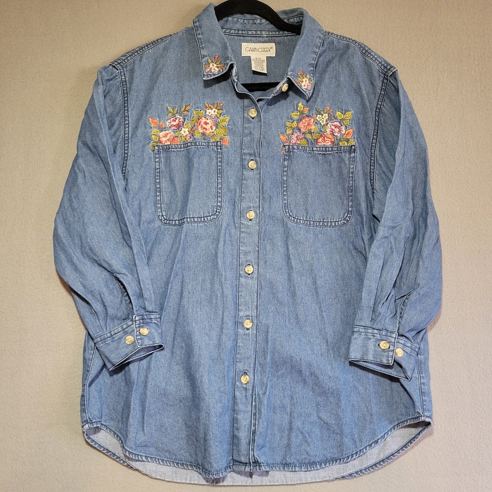 Cabin Creek Petite Large Blue Denim Floral Embroidered Button Up Shirt